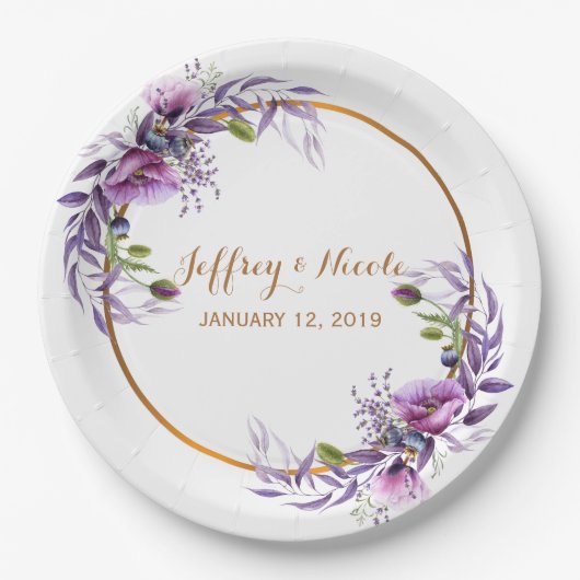 Violet Lavendel Poppy Waterverf Bloem Bruiloft Papieren Bordje (Voorkant)