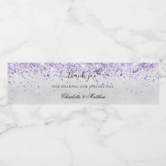 Violet lavendel zilveren bruiloft dank u waterfles etiket (Enkel label)