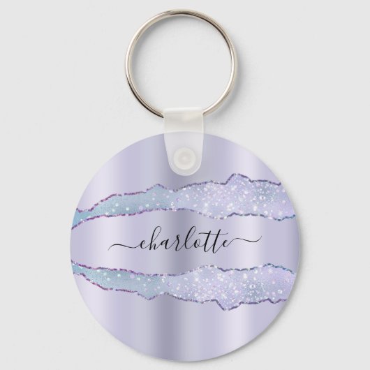 Violet lavender agate marmer glitter name sleutelhanger (Voorkant)