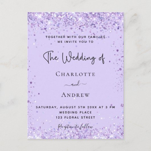 Violet lavender confetti elegant bruiloft uitnodiging briefkaart (Voorkant)