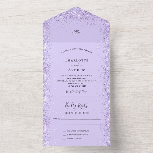Violet lavender confetti rsvp bruiloft all in one uitnodiging (Binnen)