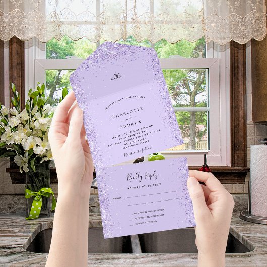 Violet lavender confetti rsvp bruiloft all in one uitnodiging