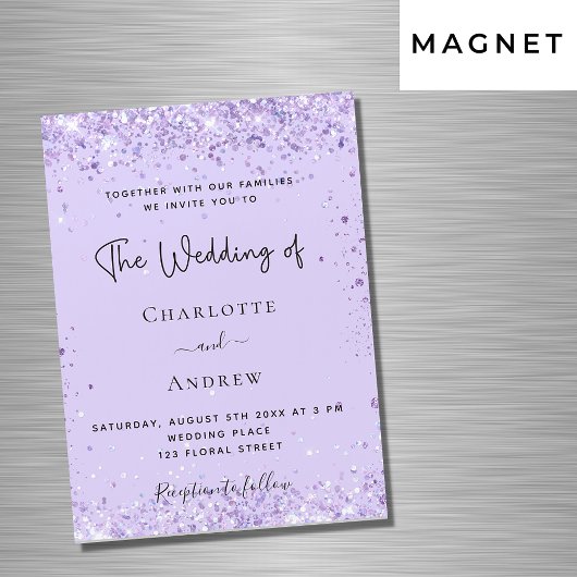 Violet lavender confetti script luxe bruiloft magnetische uitnodiging