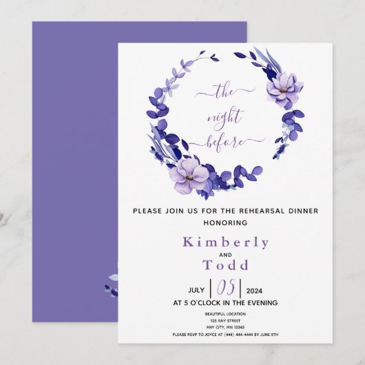 Violet & Lavender Floral Rehearsal Dinner Invitati Kaart (Voorkant / Achterkant)