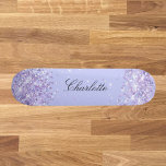 Violet lavender glitter sel name elegant persoonlijk skateboard<br><div class="desc">Een violette,  lavendere achtergrond. Personaliseer en voeg jouw naam toe. Gedemoreerd met faux glitter stof. De naam wordt geschreven met een modern handgeschreven stijlmanuscript met letters.</div>