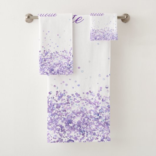 Violet lavender glitter-stof witte naam bad handdoek (Insitu)