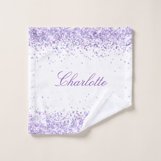 Violet lavender glitter-stof witte naam bad handdoek (Wasdoekje)