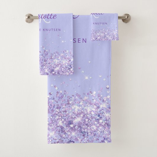 Violet lavender glitter stofnaam monogram bad handdoek (Insitu)