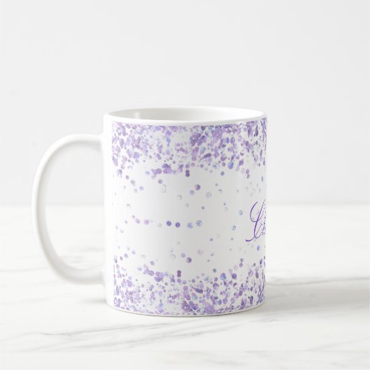 Violet lavender glitter substance white name scrip koffiemok (Links)