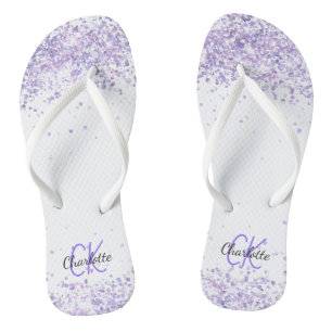 Violet lavender glitter white name monogram teenslippers
