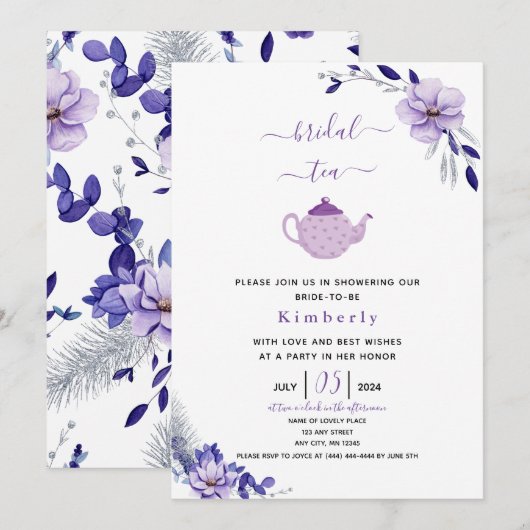Violet Lavender & Silver Floral Bridal Tea Kaart (Voorkant / Achterkant)