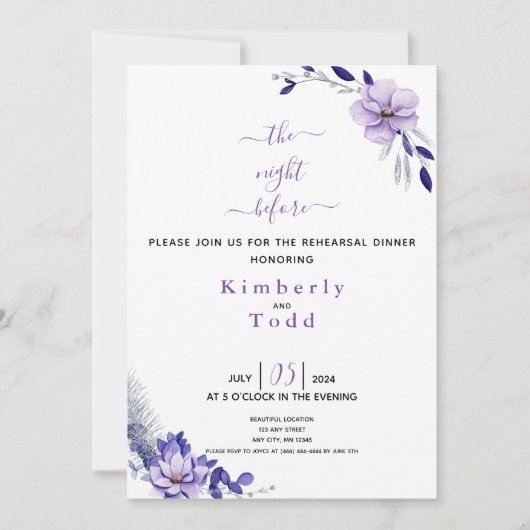 Violet Lavender & Silver Floral Rehearings Dinner  Kaart (Voorkant)