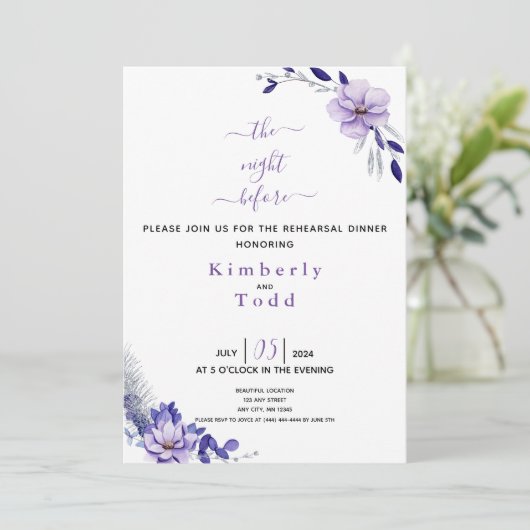Violet Lavender & Silver Floral Rehearings Dinner  Kaart (Staand voorkant)