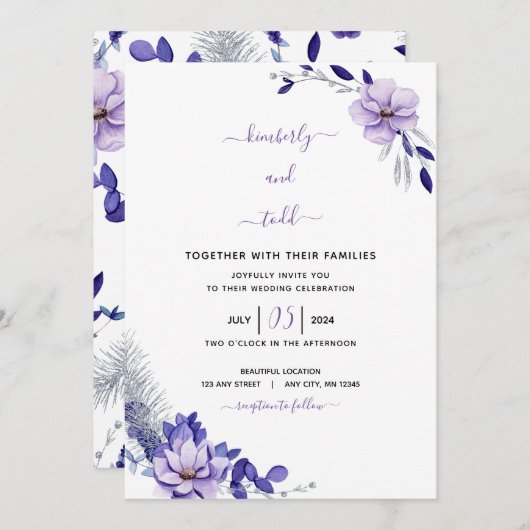 Violet Lavender & Silver Floral Wedding Invitation Kaart (Voorkant / Achterkant)