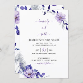 Violet Lavender & Silver Floral Wedding Invitation Kaart
