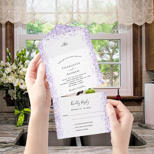 Violet lavender White confetti rsvp bruiloft All In One Uitnodiging