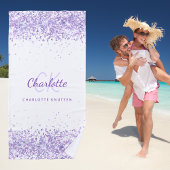 Violet lavender white glitter name monogram strandlaken