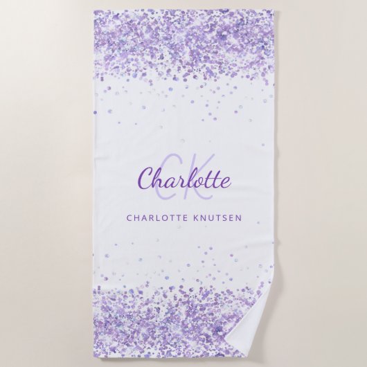 Violet lavender white glitter name monogram strandlaken (Voorkant)