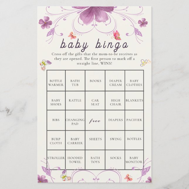 Violet Lente Vlinder Bloemen Baby shower Bingo (Voorkant)