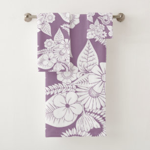 Violet Lila Paars en witte bloemen en bladeren Bad Handdoek