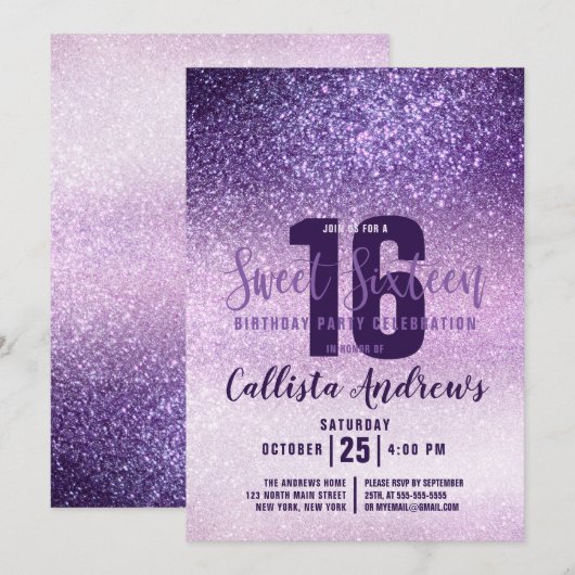 Violet Lila Paars Triple Glitter Ombre Sweet 16 Kaart (Voorkant / Achterkant)