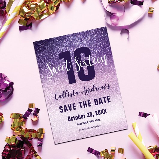 Violet Lila Paars Triple Glitter Ombre Sweet 16 Save The Date