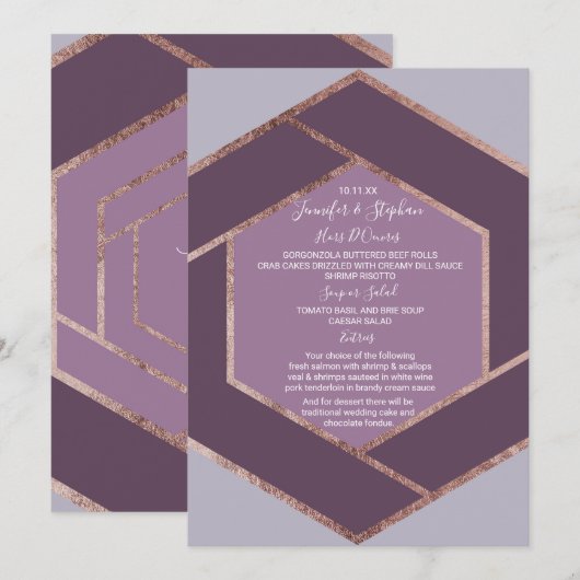 Violet Lila Paarse Roos Gouden Hexagon Wedding Men Menu (Voorkant / Achterkant)