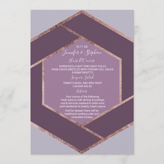 Violet Lila Paarse Roos Gouden Hexagon Wedding Men Menu (Voorkant)