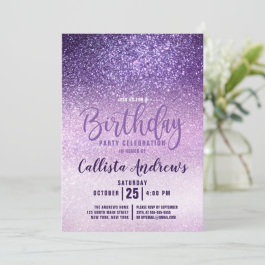 Violet Lila Paarse Triple Glitter Ombre Verjaardag Kaart (Staand voorkant)