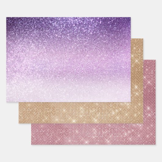 Violet Lila pastel Paars Triple Glitter Ombre Inpakpapier Vel (Set)