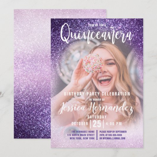 Violet Lila Triple Glitter Foto Quinceañera Kaart (Voorkant / Achterkant)