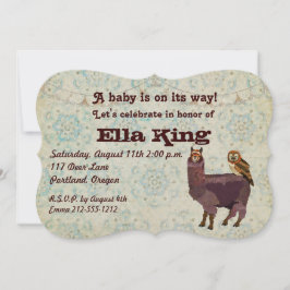 Violet Llama & Owl Floral Baby Uitnodiging