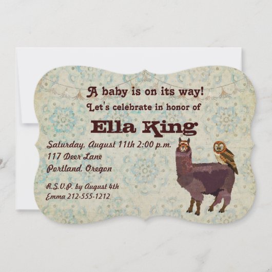 Violet Llama & Owl Floral Baby Uitnodiging (Voorkant)