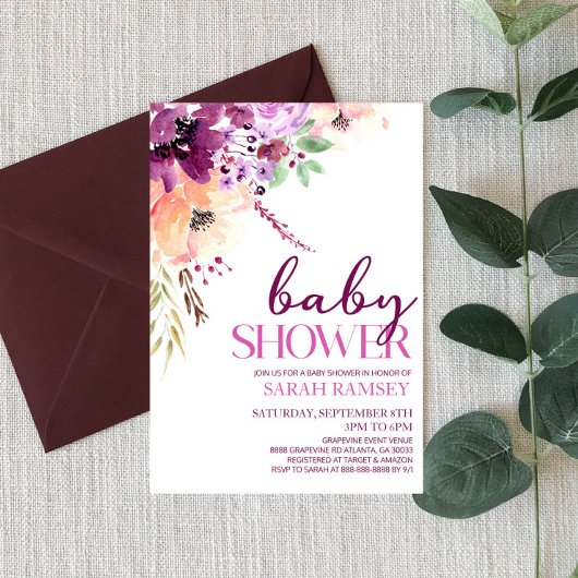 Violet Magenta Herfst Bloemen Baby shower Kaart