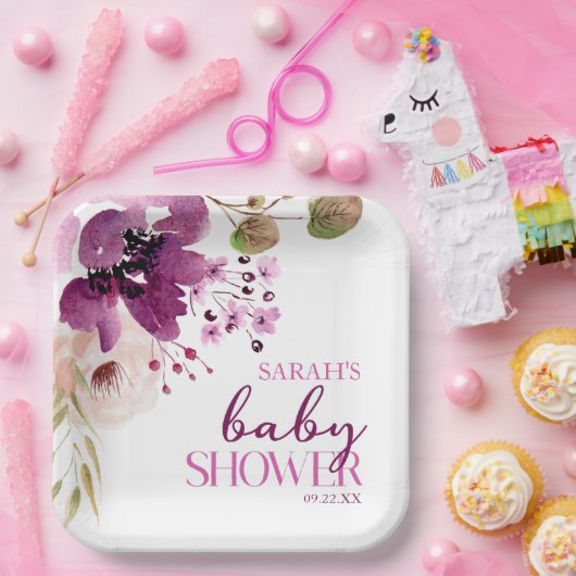 Violet Magenta Paarse Bloemen Baby shower Papieren Bordje (Feest)
