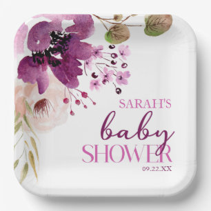Violet Magenta Paarse Bloemen Baby shower Papieren Bordje