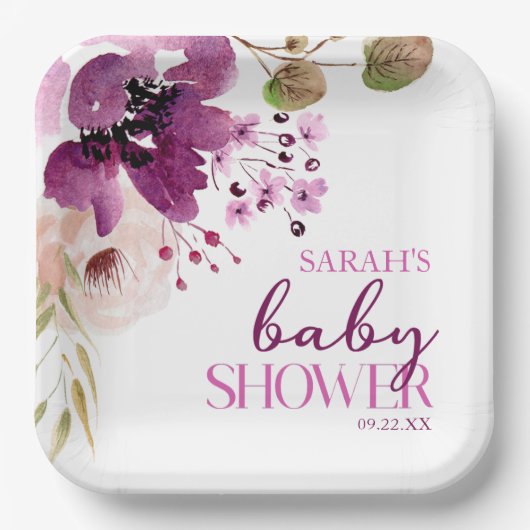 Violet Magenta Paarse Bloemen Baby shower Papieren Bordje (Voorkant)