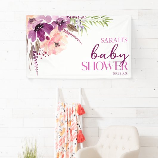 Violet Magenta Paarse Bloemen Baby shower Spandoek (Insitu)