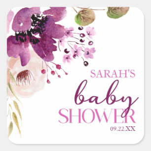 Violet Magenta Paarse Bloemen Baby shower Vierkante Sticker