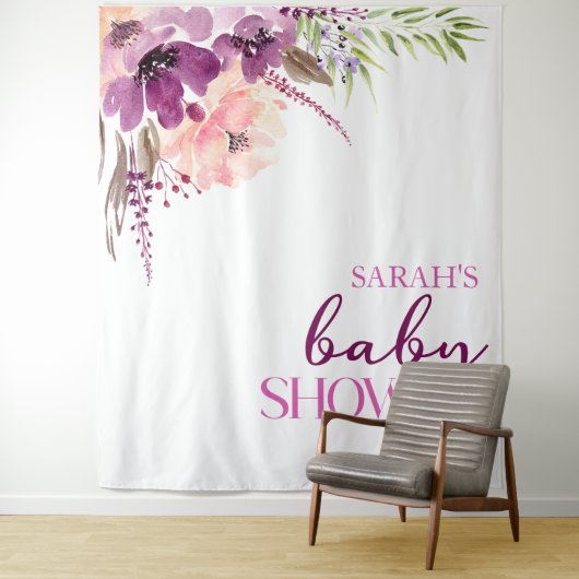 Violet Magenta Paarse Bloemen Baby shower Wandkleed (In situ)