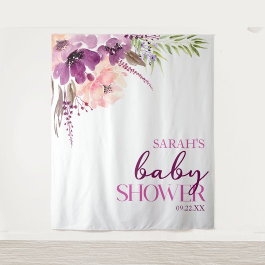 Violet Magenta Paarse Bloemen Baby shower Wandkleed (Voorkant)