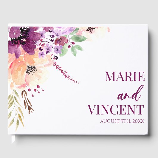 Violet Magenta Paarse Bloemen Bruiloft Gastenboek (Voorkant)
