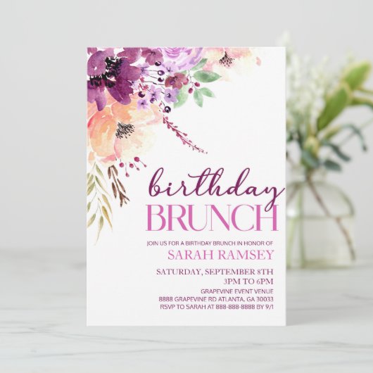 Violet Magenta Paarse Bloemen Verjaardagsbrunch Kaart (Staand voorkant)