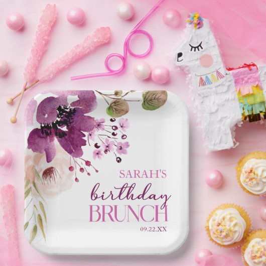 Violet Magenta Paarse Bloemen Verjaardagsbrunch Papieren Bordje (Feest)