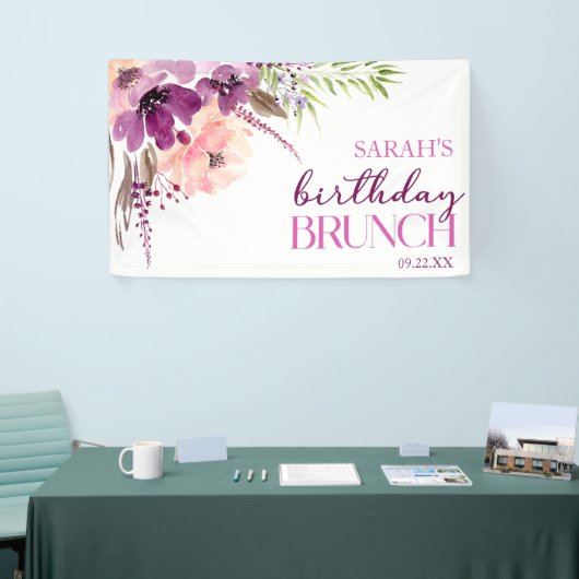 Violet Magenta Paarse Bloemen Verjaardagsbrunch Spandoek (Beurs)