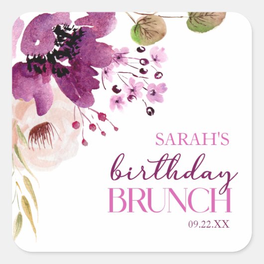 Violet Magenta Paarse Bloemen Verjaardagsbrunch Vierkante Sticker (Voorkant)
