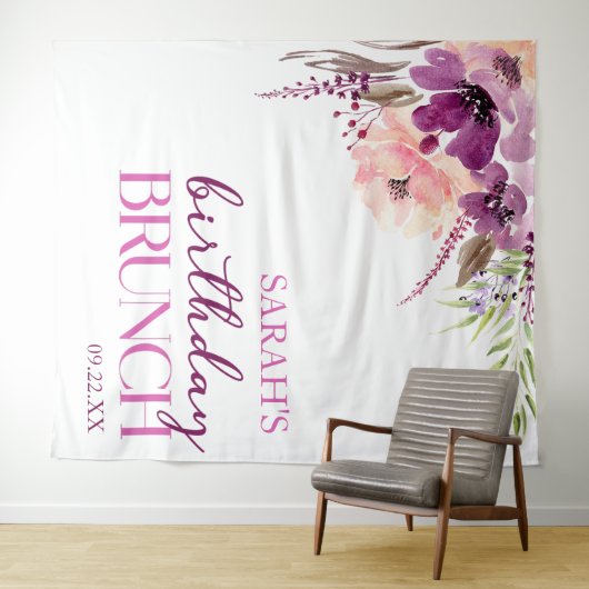 Violet Magenta Paarse Bloemen Verjaardagsbrunch Wandkleed (In Situ (horizontaal))