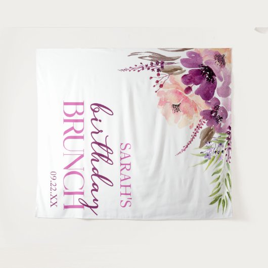 Violet Magenta Paarse Bloemen Verjaardagsbrunch Wandkleed (Voorkant (horizontaal))