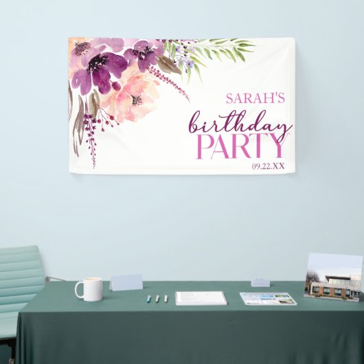 Violet Magenta Paarse Bloemen Verjaardagsfeest Spandoek (Beurs)