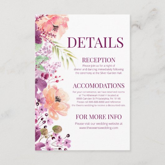 Violet Magenta Waterverf Bloembloem Details Informatiekaartje (Voorkant)